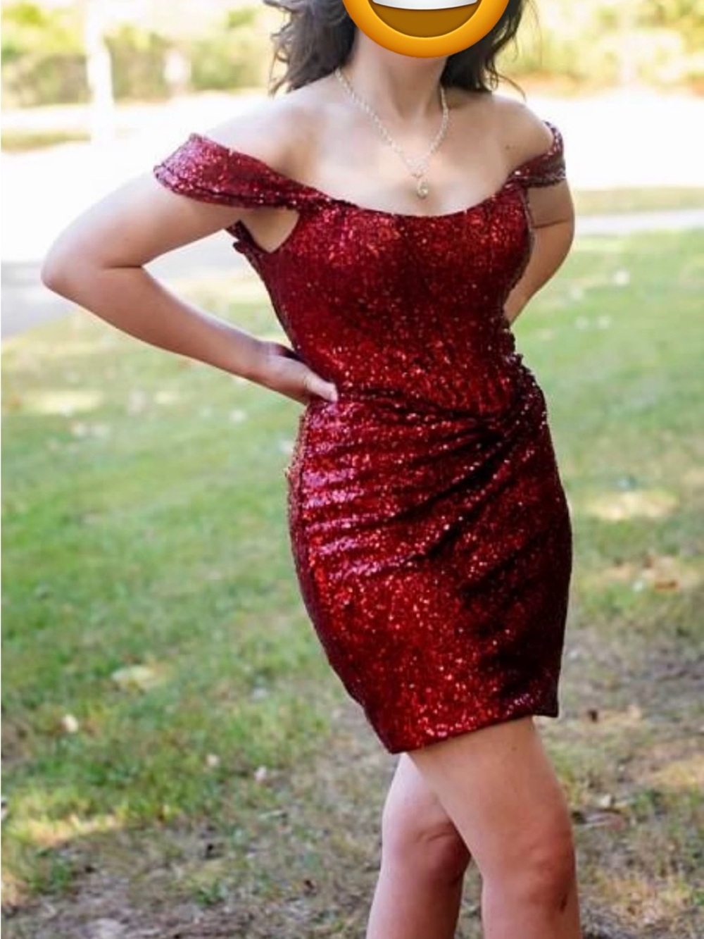 Sherri Hill Sparkling Crimson Off-Shoulder Sequin Mini
